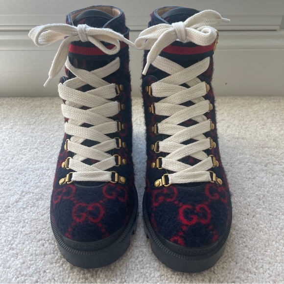 GUCCI Trip GG logo wool combat boots Navy Red - Picture 3 of 13